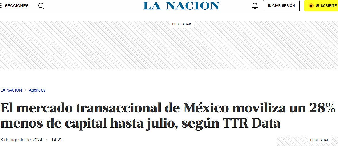 El mercado transaccional de Mxico moviliza un 28% menos de capital hasta julio, segn TTR Data